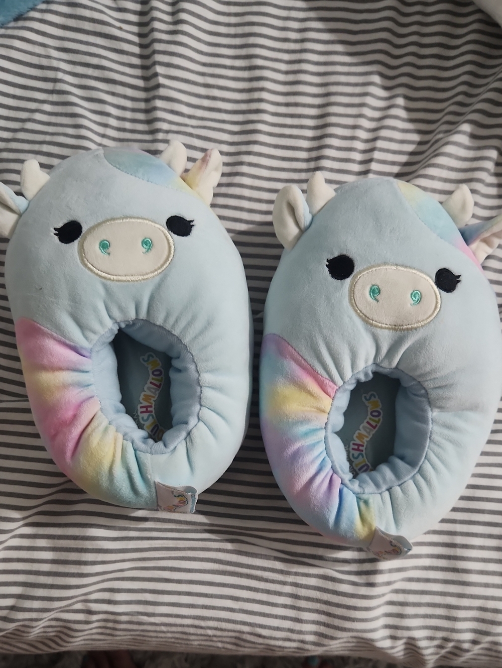 Squishmallows Light Blue Rainbow Cow Pastel Rainbow Kids Slippers